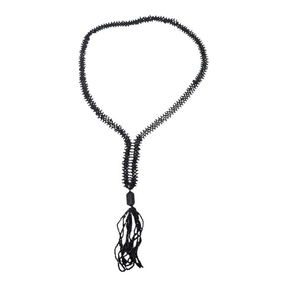 Handmade Black Beaded Necklace Tassel Vintage Antique Flapper Formal Art Deco - Picture 4 of 6